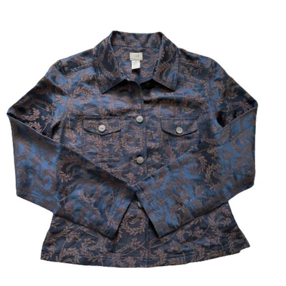 J. Jill Jacket Top Blue Brown Scroll Linen Silk Blend Lightweight Jacket Size 4 - Picture 9 of 11